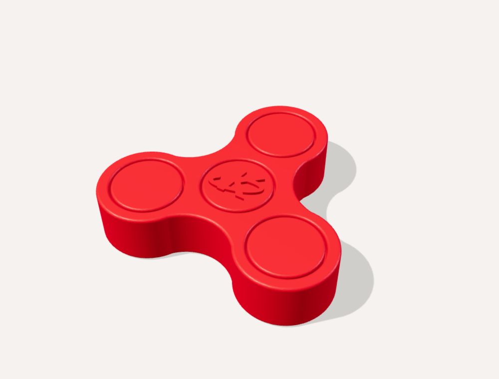 3D render of the KaedenWorks Mini Spinner in red, with three rounded lobes and a raised KaedenWorks mark